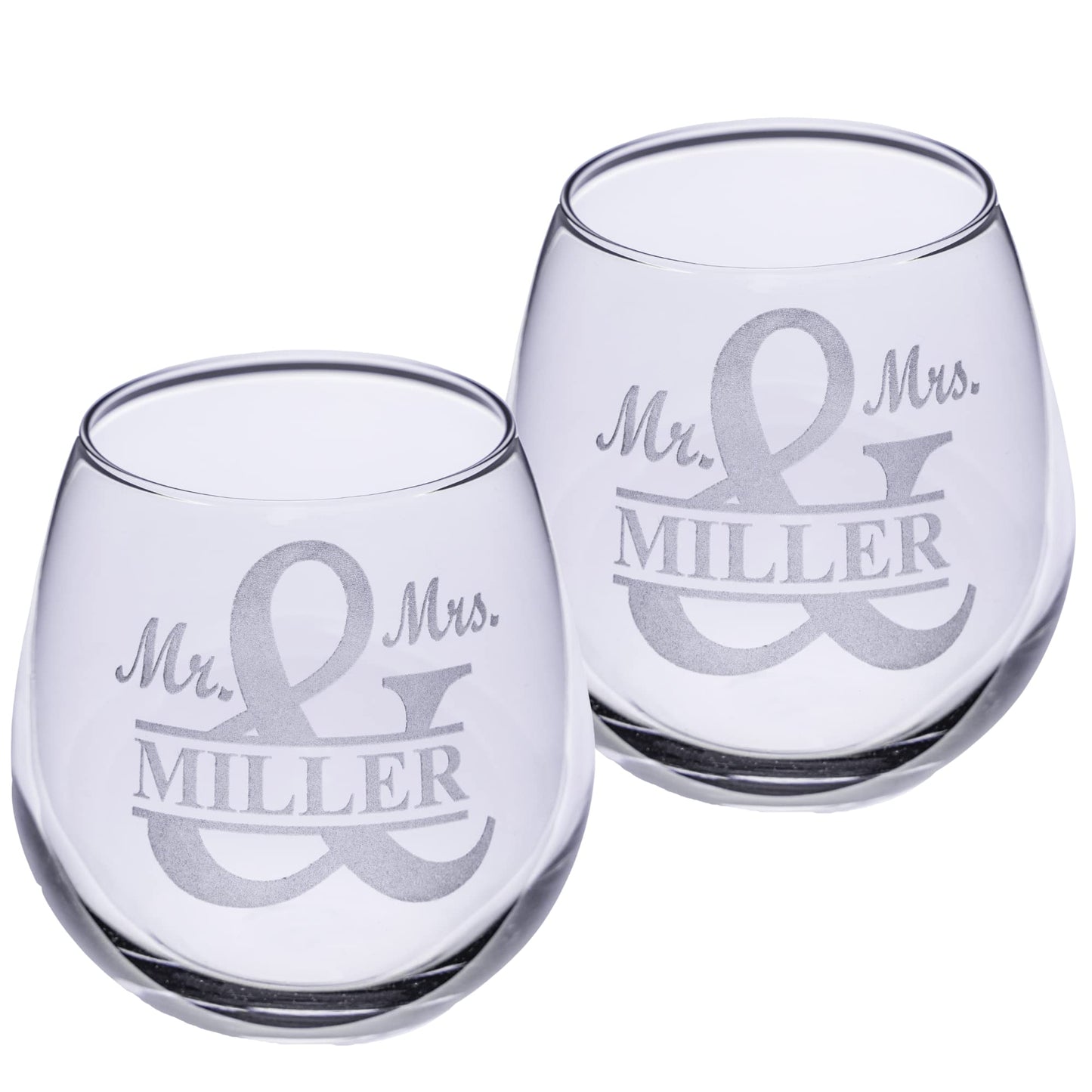 Gifts Inscribed Personalized Mr and Mrs Wine Stemless Glass Set of 2 – Custom Engraved Wedding Stemless Wine Glasses Gift for Couples, Engagement, Birthday, or Anniversary
