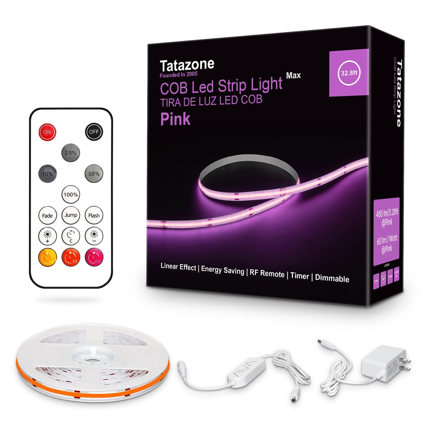 Tatazone 32.8ft Pink COB Led Strip Lights with RF Remote, Dimmable Bright Adhesive Indoor Led COB Light Strip for Cabinet, Painting, Room, Bed