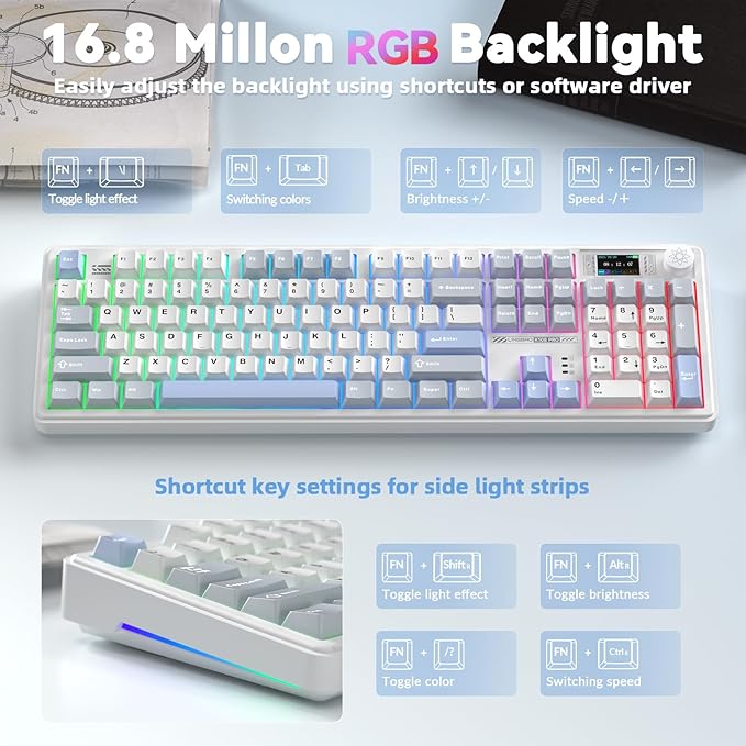 LINGBAO K108 Pro Wireless Mechanical Keyboard with Screen & Knob, Full Size Creamy Keyboard with Number Pad, 10000mAh Battery, PBT Keycaps, RGB Backlit, Hot-swappable Gaming Keyboards