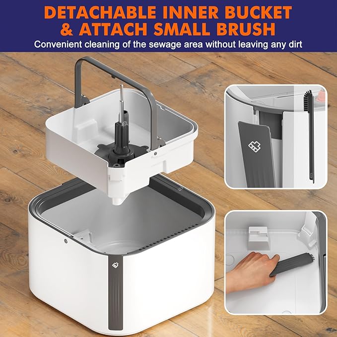 Upgraded Self-Standing Spin Mop and Bucket System, Detachable Inner Mop Bucket Separates Dirty Water & 90° Foldable Head, Triple-Scrub System, 0.9Gal Dual Drainage, for Hardwood Floors (White 2 Pads)