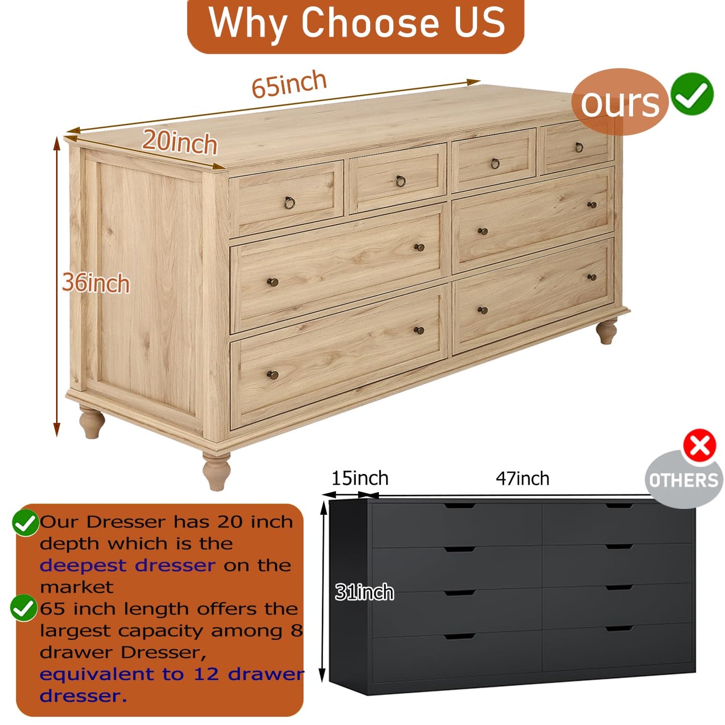 chartustriable 65inch Large Long Drawer Dresser w/Deep Drawers,Rustic Wood 8 Drawer Dresser with Large Capacity for Living Room,Wooden Chest of Drawers for Bedroom,Living Room,Entryway,Oak