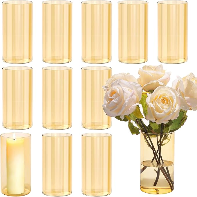 TBWIND 12pcs Glass Gold Amber Cylinder Vases for Centerpieces, 6 Inch Champagne Flower Vases for Wedding Decorations, Indo...