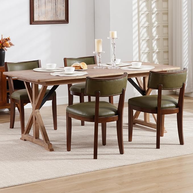 DM Furniture Mid Century Modern Dining Chairs Set of 2 Faux Leather Upholstered Dining Room Chair with Curved Backrest Farmhouse Kitchen Chairs Solid Wood Side Chair for Living Room/Restaurant