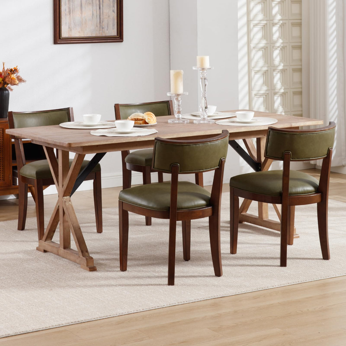 DM Furniture Mid Century Modern Dining Chairs Set of 2 Faux Leather Upholstered Dining Room Chair with Curved Backrest Farmhouse Kitchen Chairs Solid Wood Side Chair for Living Room/Restaurant