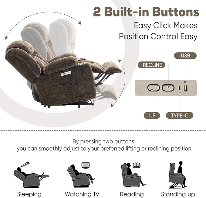 ABCASA Large Power Lift Chairs Recliners for Elderly Set of 2 with Heated and Massage, Upgraded Chenille Lift Chairs Recliners, USB-A and USB-C, Cup Holder, Side Pocket, Brown