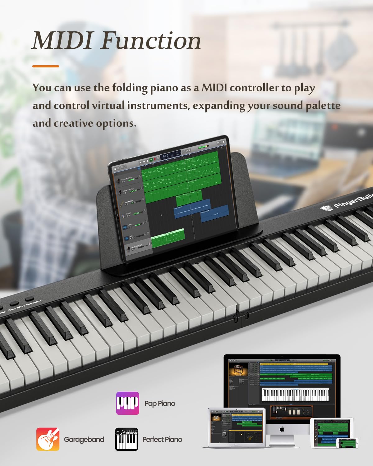 FingerBallet Portable Piano Keyboard, Semi-Weighted Folding Digital Piano 88 Key, Full Size, Wood Grain, Electric Piano Keyboard w/MIDI Bluetooth, Suitable for Adult, Toddler
