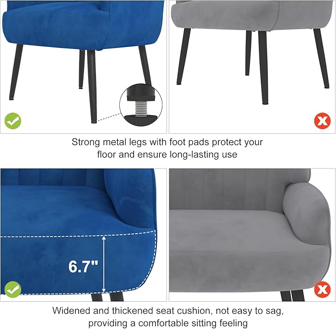Holiway Velvet Accent Chair, Upholstered Modern Leisure Single Sofa Side Living Room Chair, Comfy Tufted Back Armchair with Metal Legs for Waiting Room/Bedroom/Office/Reading Room, Blue