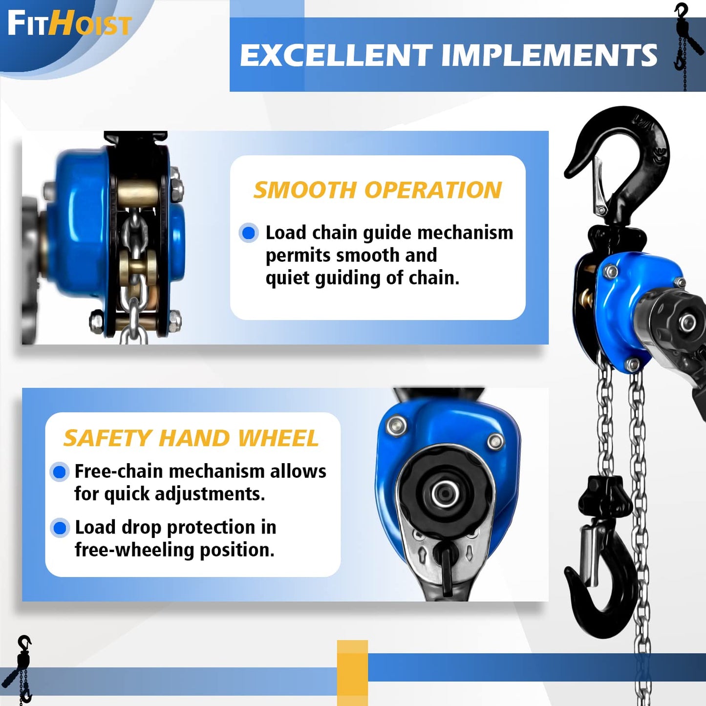 FITHOIST Mini Chain Hoist 1/4 ton 550Lbs Capacity 10ft Lift Small Come Along Alloy Steel G80 Chain 2 Heavy Duty Hooks, Manual lever chain hoist for Garages Warehouse Automotive Machinery
