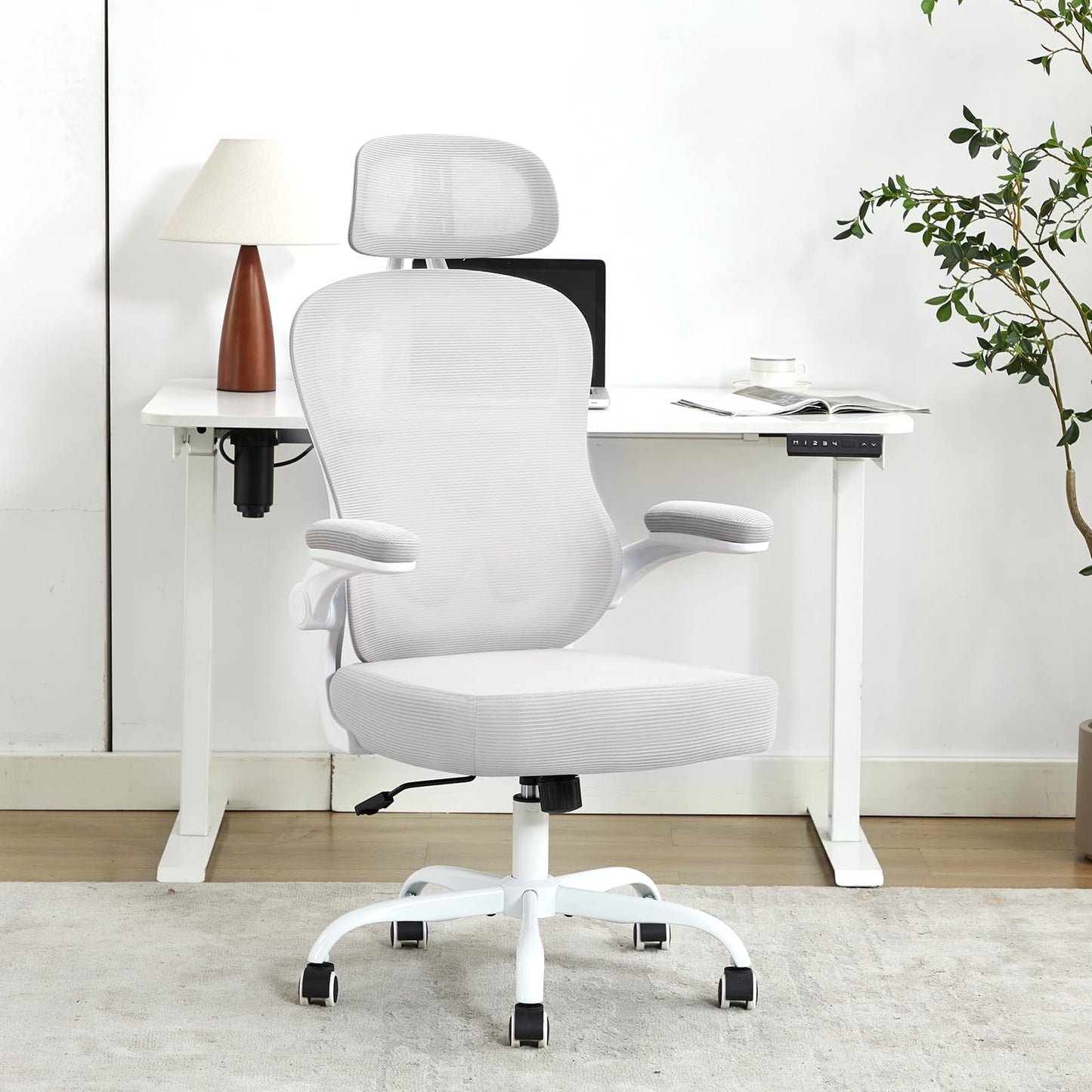 TUKAKA Ergonomic Office Chair,Ultra Thick Office Desk Chair with Adjustable Lumbar Support and Headrest,Spring Cushion,Rocking Function,Flip-up arms,Mesh Computer Chair for Home Office,Grey