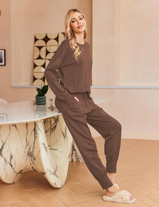 Ekouaer Women's 2 Piece Lounge Set Long Sleeve Knit Pajamas Sweatsuit Jogger Pant Outfits With Pockets S-XXL
