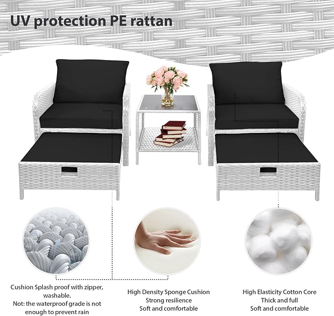 LEVELEVE Balcony Furniture 5 Piece Patio Conversation Set, PE Wicker Rattan Outdoor Lounge Chairs with Soft Cushions 2 Ottoman&Glass Table for Porch