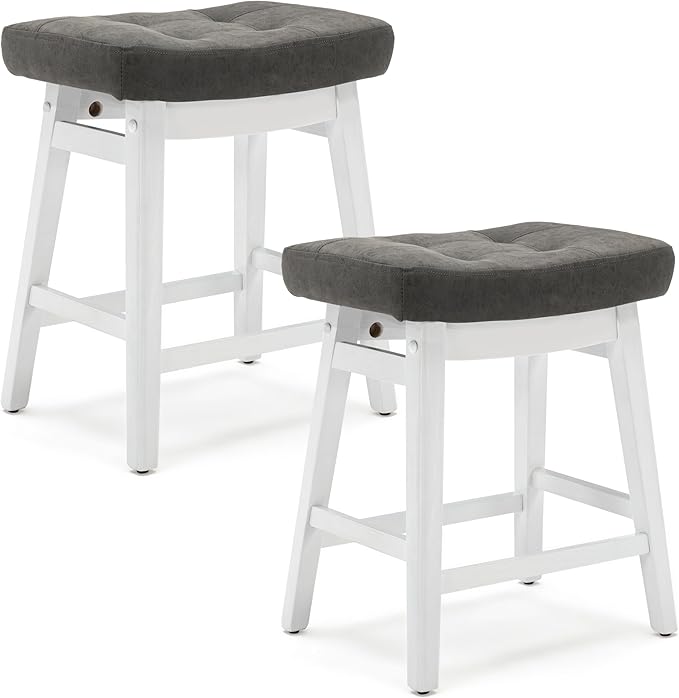 RNKSFX Counter Height Bar Stools Set of 2 for Kitchen Counter Farmhouse Modern Barstools with Faux Leather Upholstered Backless Seat and Solid Wood Legs 24 inch Bar Chairs, Grey + White