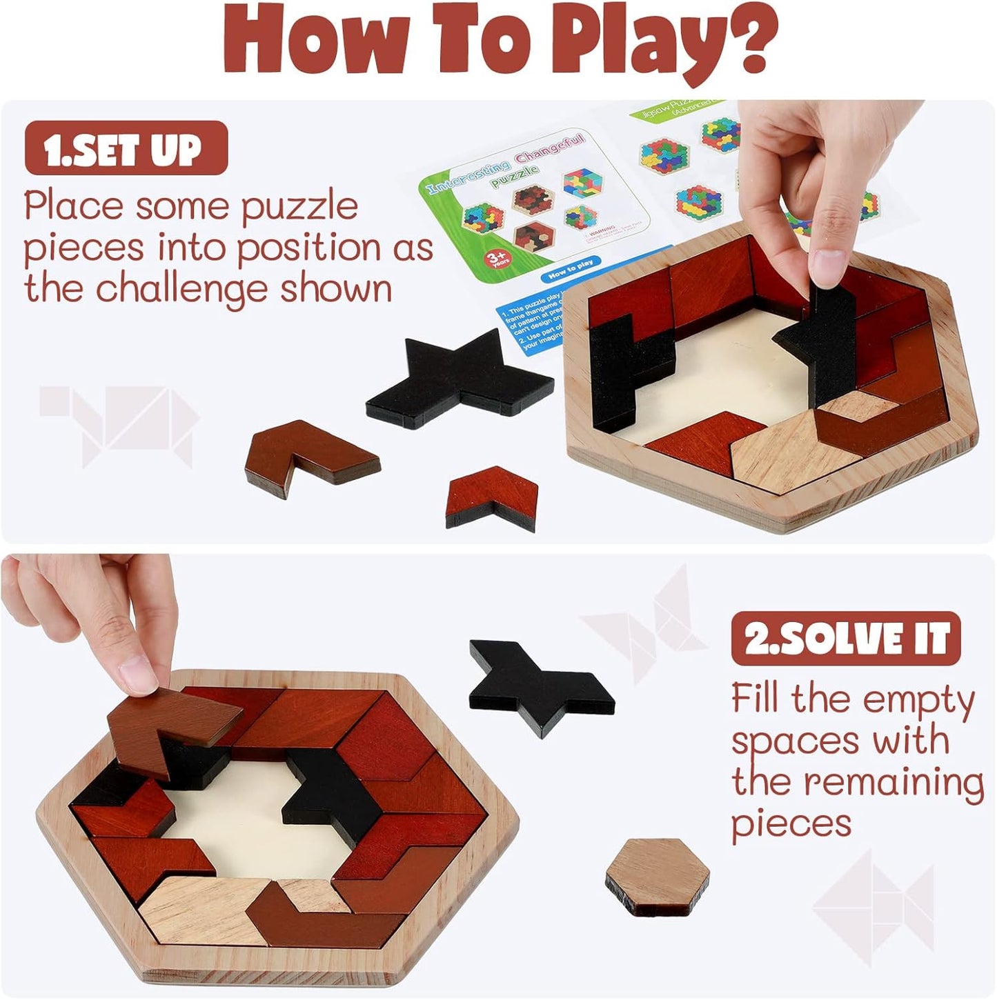 Yunsailing 3 Pack Hexagon Wooden Puzzle Wood Russian Blocks Tangram Puzzle Brain Teaser Puzzles Geometric Jigsaw Block Russian Blocks Logic IQ STEM Toy for All Ages Kid Adult(Vintage)