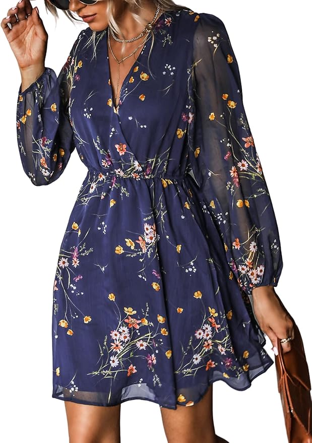 CUPSHE Women's Mini Dresses Casual Spring V Neck Chiffon Long Peasant Sleeves Flowy Autumn Dress