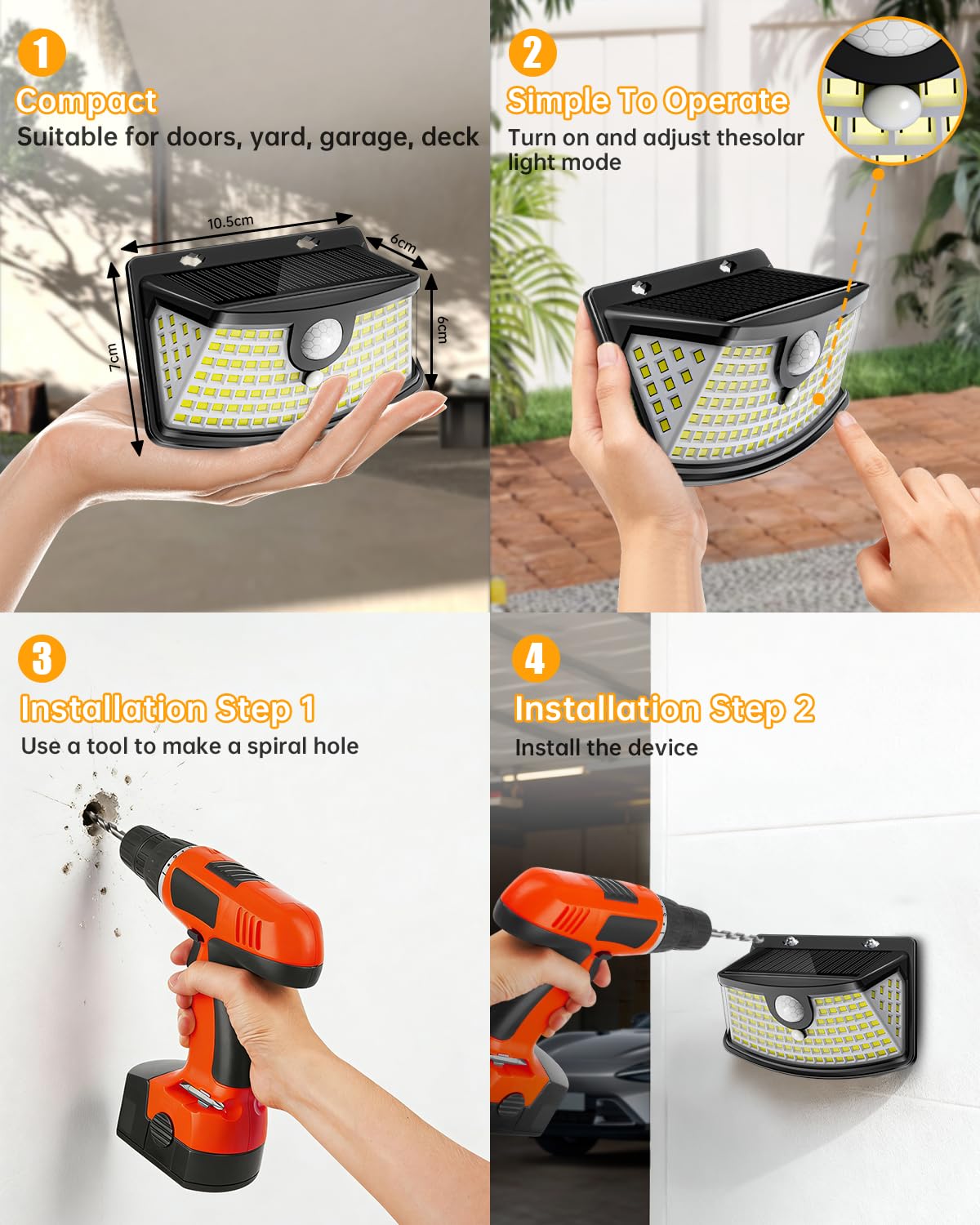 Aootek New Solar Motion Sensor Lights 120 LEDs with Lights Reflector,270° Wide Angle, IP65 Waterproof, Step Lights for Front Door, Yard, Garage, Deck (Black, Daylight White, 6-Pack)