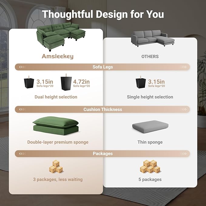 Amsleekey Modular Sectional Sofa, 111.5" U-Shaped Corduroy Comfy Sectional Couches for Living Room, 3-Seater Cloud Couches with 2 Movable Ottomans, Flexible Combination Modern Deep Seat Sofa (Green)