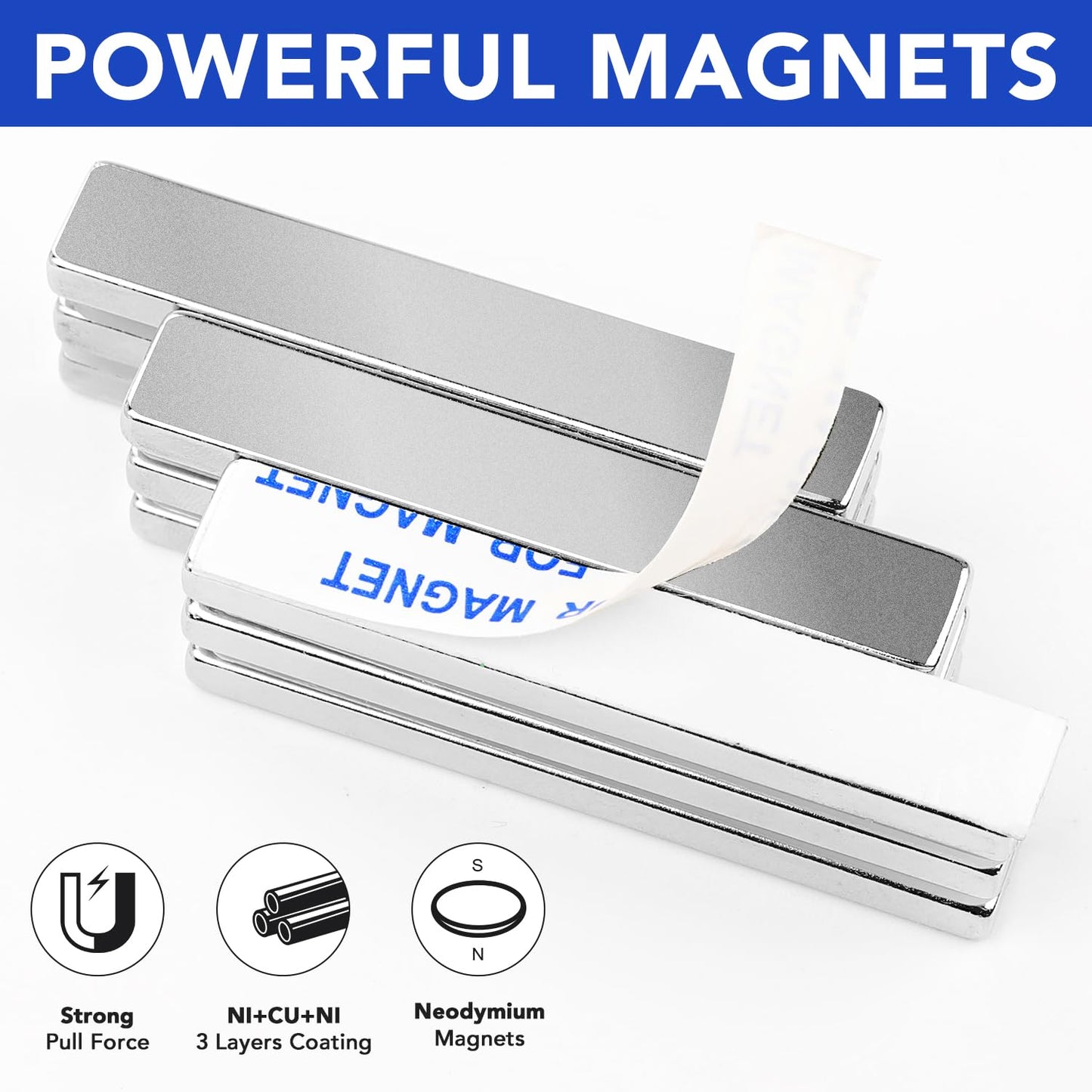 MIKEDE Magnets 6pcs Neodymium Magnet 2.36x0.39x0.12inch Strong Rare Earth with Adhesive Backing Heavy Duty Fridge Magnetic Strips Refrigerator Blocks Crafts Extra Super Sticky Bar 60x10x3mm (Silver)