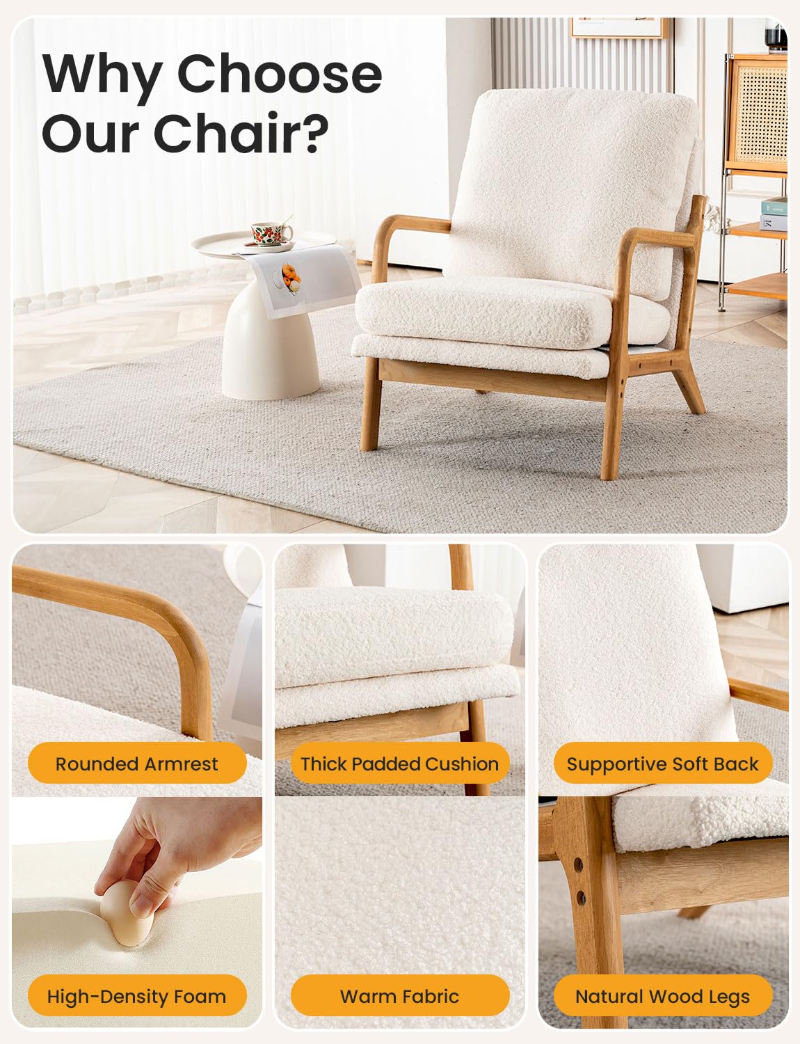 Mid Century Modern Accent Chairs for Living Room, 23” Wide Comfy Chair for Bedroom, Small Cozy Sherpa Reading Chairs for Adults, 108° Lounge Arm Chair Indoor with Detachable Cover, 5.5" Foam Cushion