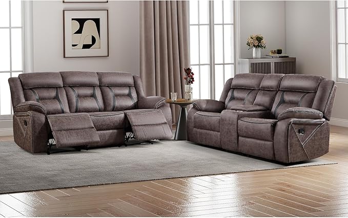 EBELLO Manual Recliner Sofa Set, Faux Leather Reclining Living Room Furniture Set, Included Loveseat and 3 Seat Manual Recliner Sofa, Grey(Loveseat+Sofa)