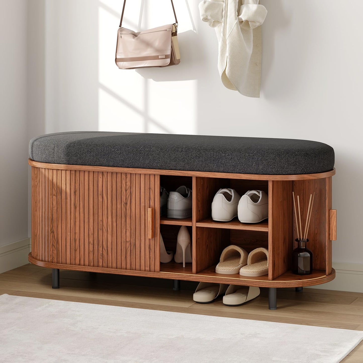 ONBRILL 43" Bench with Shoe Storage, Fluted Entryway Shoe Bench with Storage, with Cushion, Sliding Door and Adjustable Shelf, for Entryway, Hallway, Living Room, Walnut