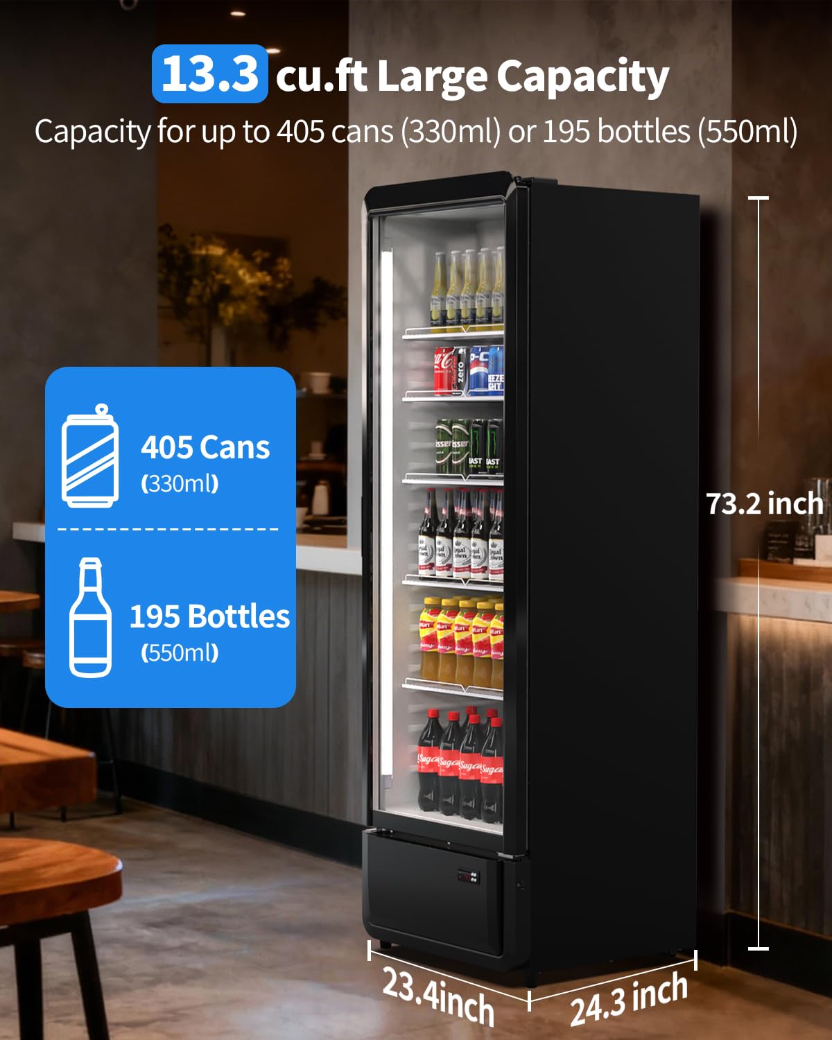 13.31 Cu. Ft Commercial Beverage Refrigerators, Drink Fridge with Glass Door, 5 Adjustable Shelves Holds 405 Cans, ETL, DOE, and NSF Certified Outdoor Display Fridge for Stores