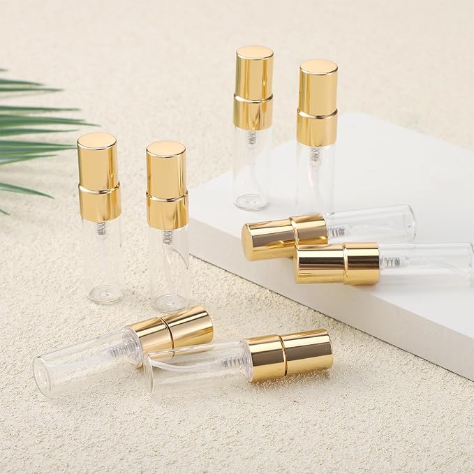 20 Pack Empty 3ml Clear Fine Mist Glass Bottle Gold Mini Sample Bottle Spray Bottles Refillable Mist Travel Sprayer Decant Bottles with Gold Lids for Travel Fragrance Sample DIY Sprays