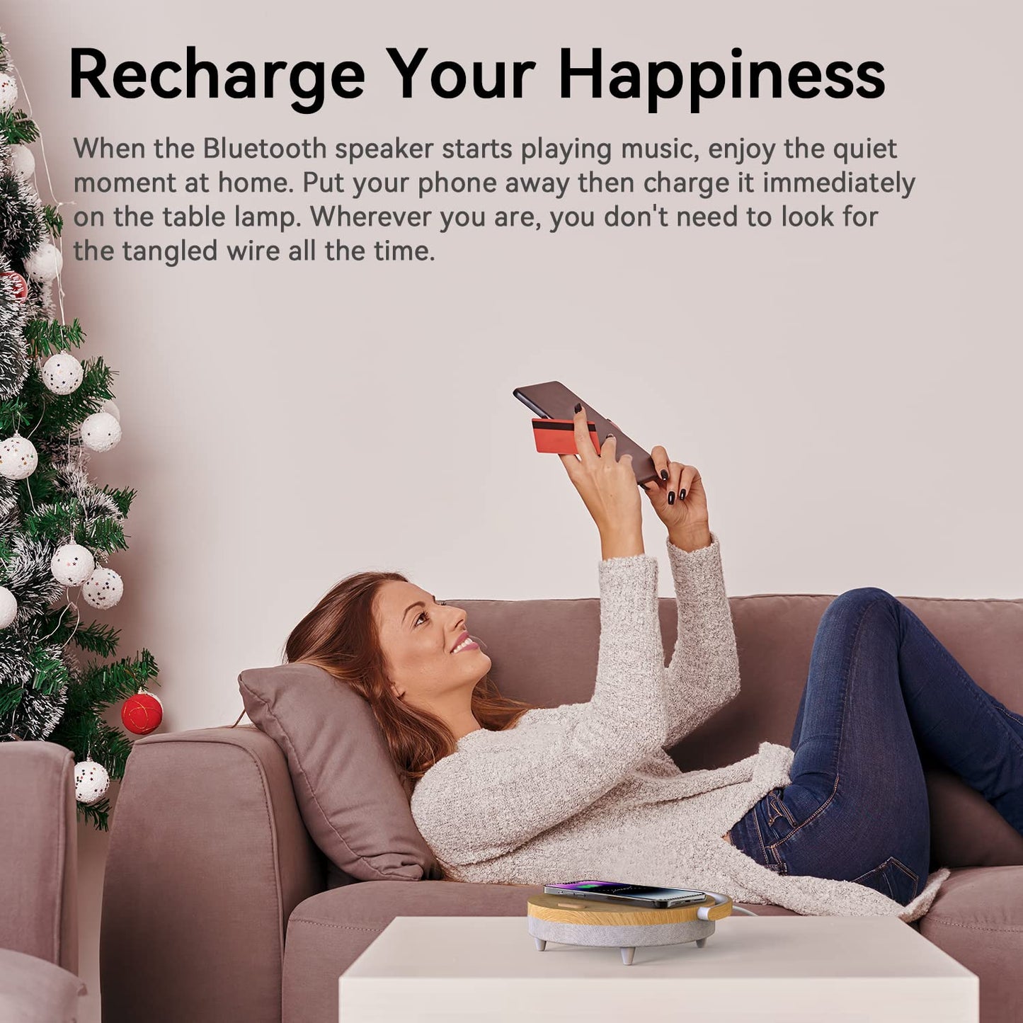 Bedside Table LED Night Light with Wireless Charger and Bluetooth Speaker, Desk Lamp As Sleep Aid White Noise Machine and Phone Holder, Great Birthday Gifts for Girlfriend, Women（Music Upgrade）