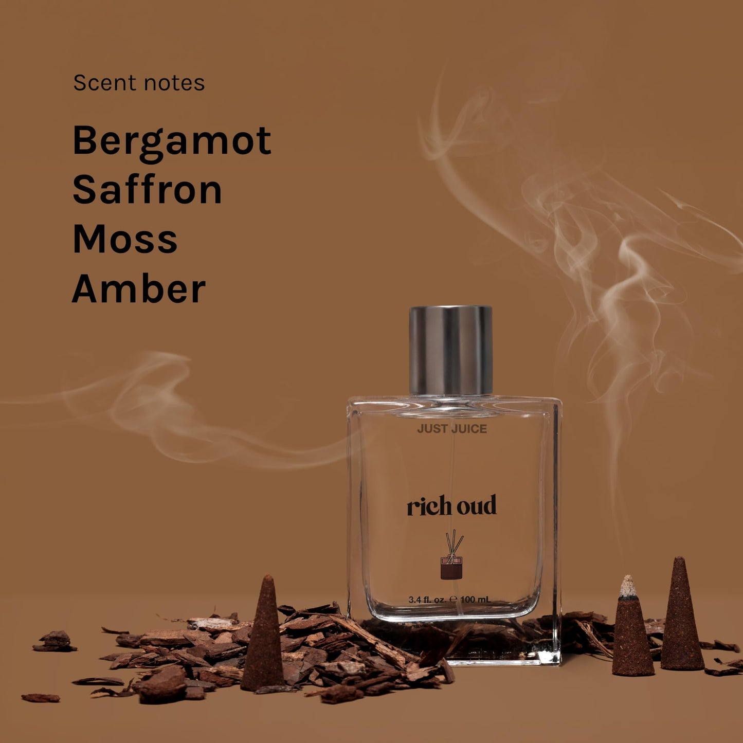 Just Juice Rich Oud - Oud Perfume for Women and Men - Bergamot, Saffron, Amber Perfume - Rich, Woody Mini Travel Size Fragrance - 0.3 oz