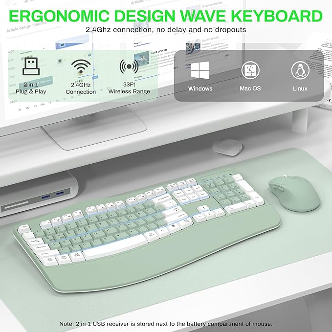 Wireless Keyboard and Mouse Combo,2.4G Full Size Wave Keys Ergonomic Keyboard with Wrist Rest for Natural Typing, 3 DPI Adjustable Ergonomic Mouse for Computer/Laptop/Windows/Mac (Avocado Green-A)