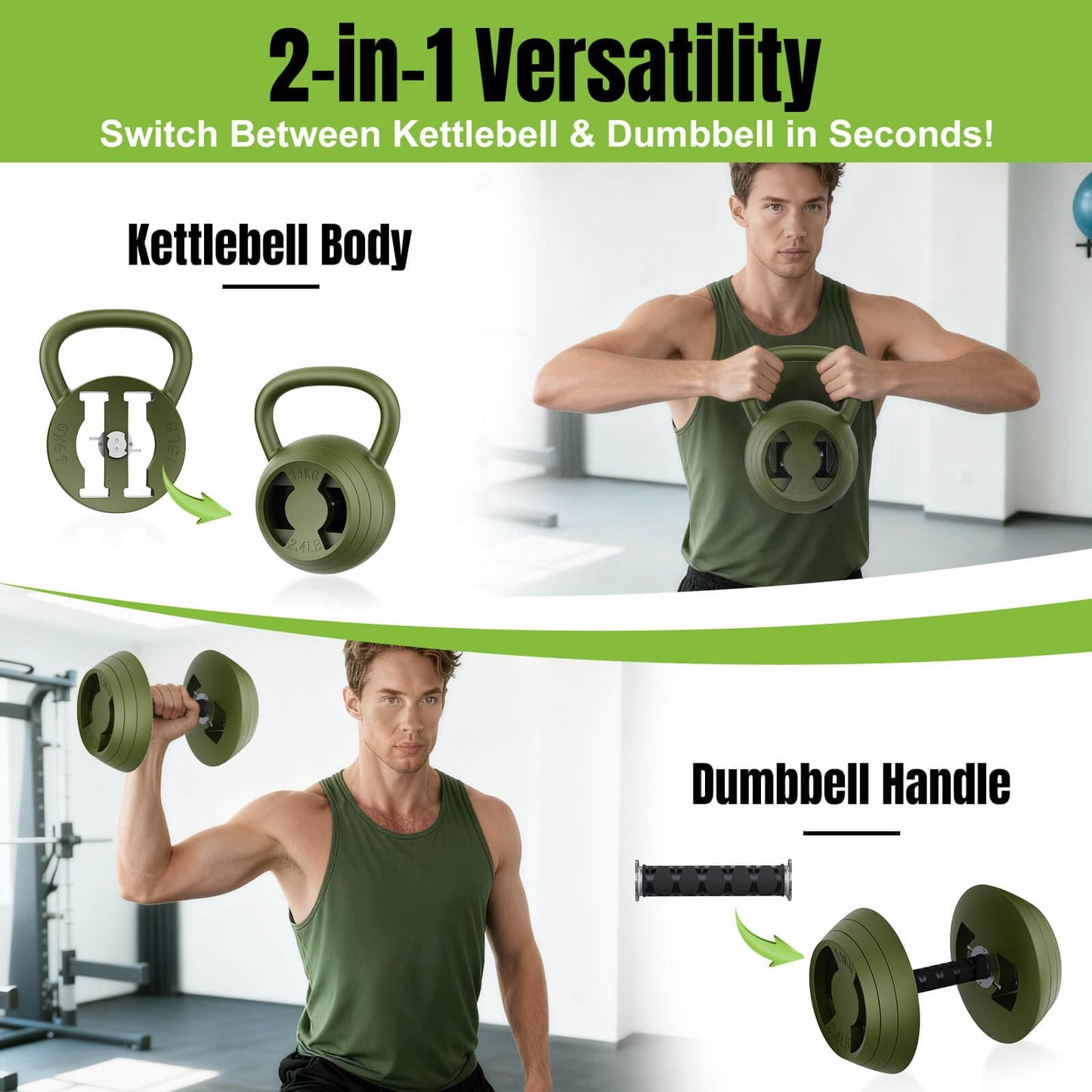 Hezeyferg 2-in-1 Adjustable Kettlebell, 15-45 LB Kettlebells Weight Set with Wide Grip, 4.8-30 LB Dumbbell Weights for Home Gym Strength Training (Green)