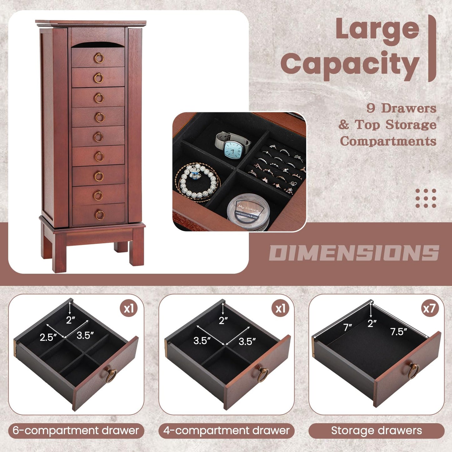 NAFORT Jewelry Armoire with Top Flip Vanity Mirror, Jewelry Cabinet with 9 Drawers and 2 Side Doors for Necklace, Large Storage Capacity Jewelry Organizer and Storage, Walnut
