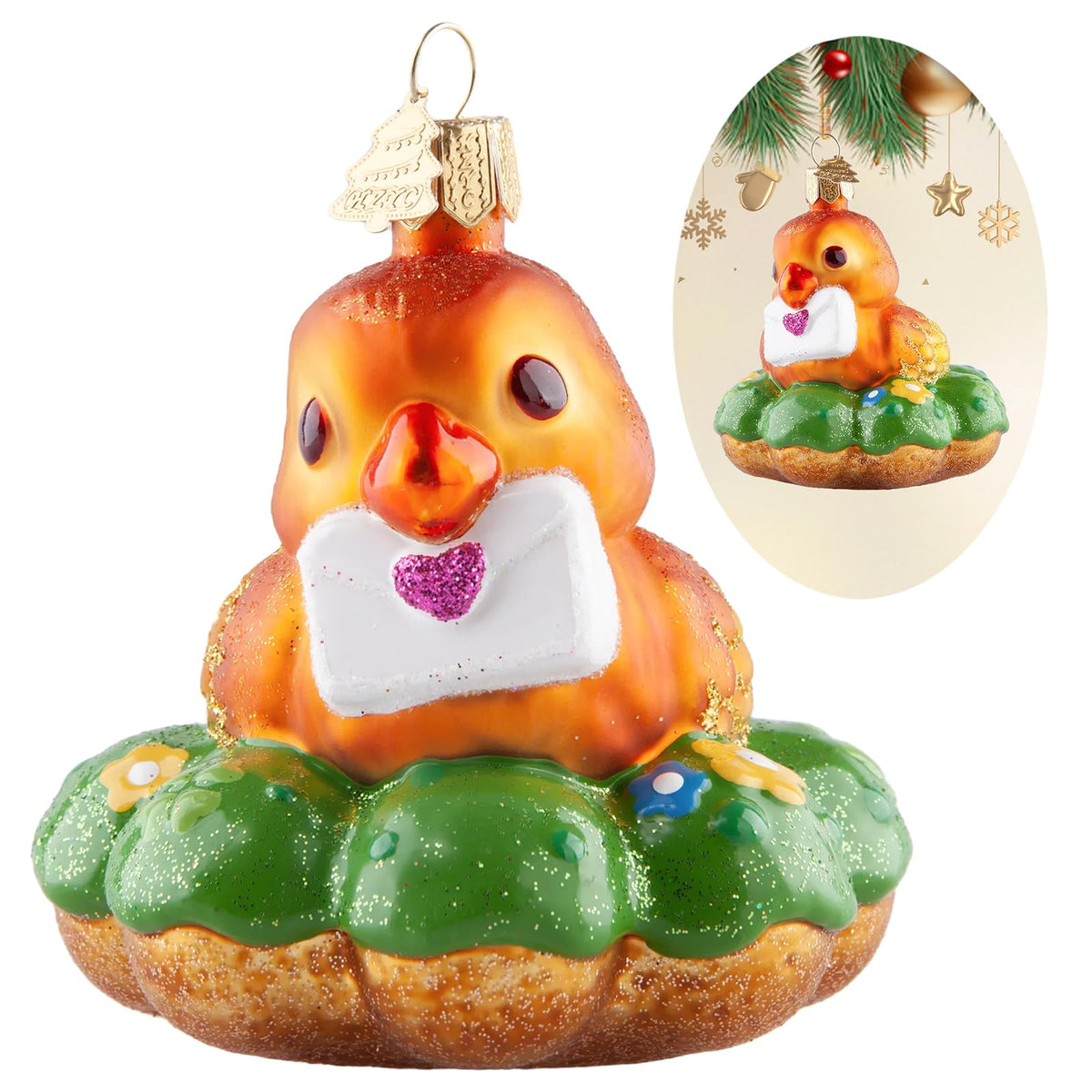 HZYC Bird Christmas Tree Ornaments,Hand-Blown Glass Christmas Ornaments,Parrot Donut Collection Hanging Ornaments,Glass Hanging Decorations for Animal Lovers Holiday Party Home Gifts (Donut&Parrot)