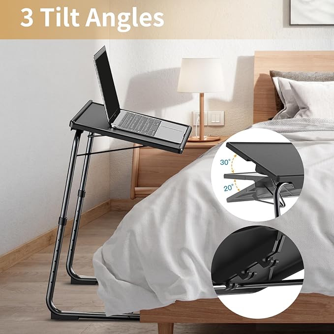 ZUCONKITCH Adjustable TV Tray Tables with 6 Height & 3 Tilt Angle, Folding TV Dinner Tray,TV Table with Cup Holder on Bed & Sofa (2 Pack, Black)