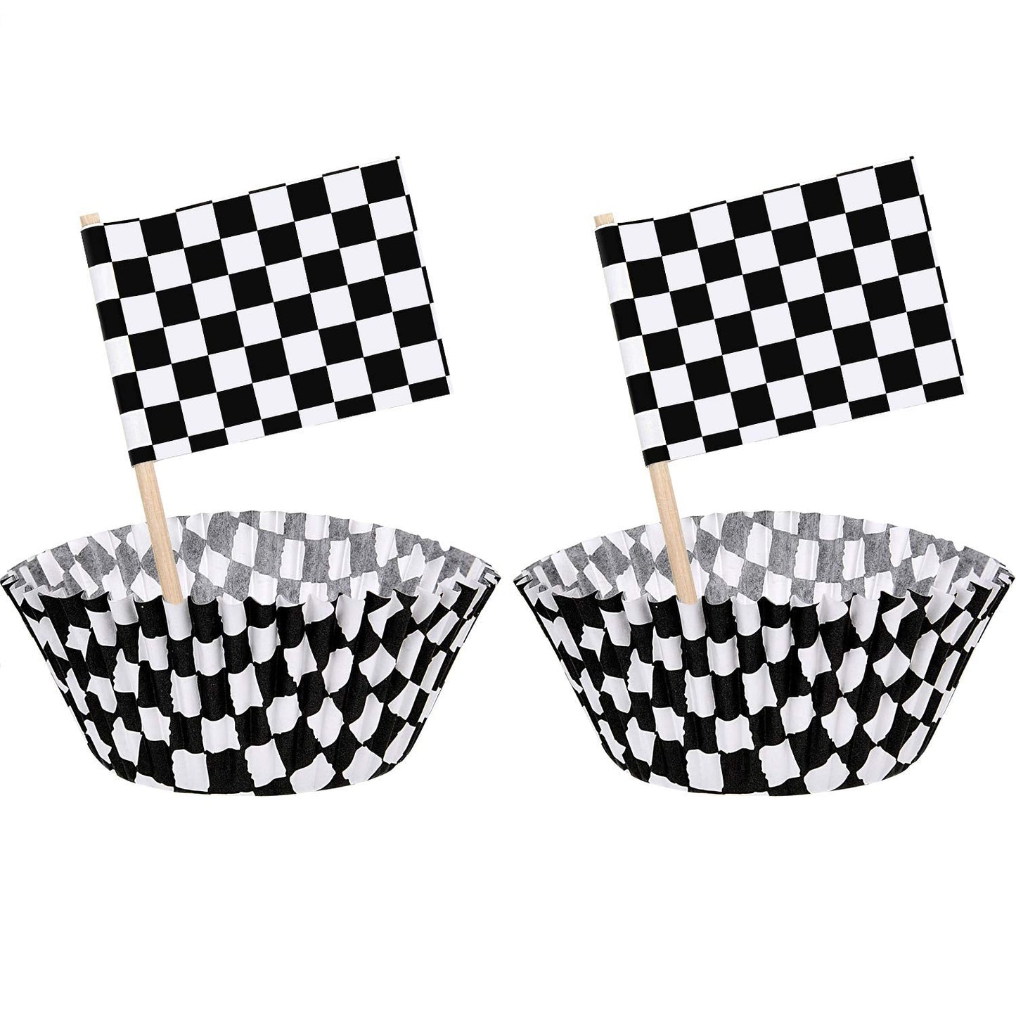 TecUnite 100 Pieces Checkered Flag Cupcake Wrapper Liner Racing Car Cupcake Toppers and 100 Pieces Checkered Flag Toothpicks Racing for Cake Decorations(Black and White)