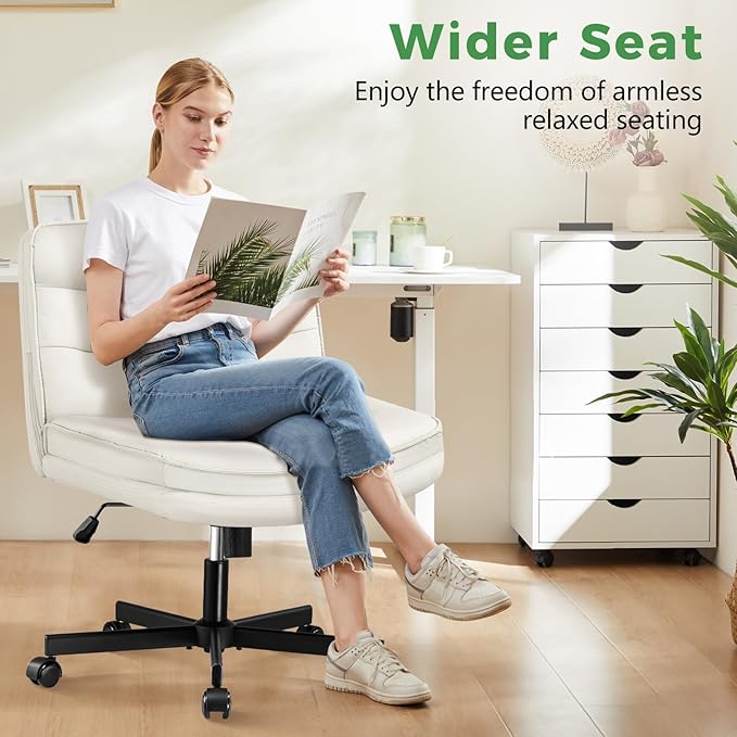 GTRACING Criss Cross Legged Office Chair with Wheels, Extra Wide Armless Comfy Desk Chair for Home Bedroom, 2 Layer Cushion Large Seat & Back Support X-Legged Chair, Beige PU Leather Adjustable Height