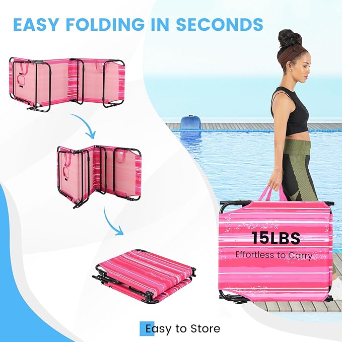 GYMAX Tanning Chair, 350lbs Beach Lounge Chair with Face Hole, Washable Pillow & Carry Strap, Adjustable Folding Chaise Lounge, Layout Lounger for Outside, Patio, Poolside, Lawn (2, Pink Stripe)
