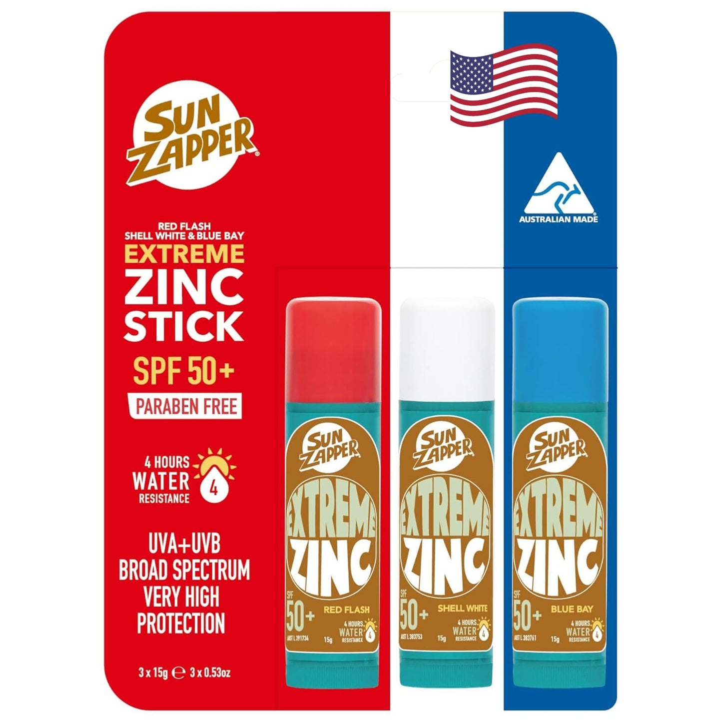 Sun Zapper Extreme Zinc Oxide Sunscreen Stick - SPF 50+ Water Resistant - 3-Pack (Red, White, Blue) - For Face - Made in Austral