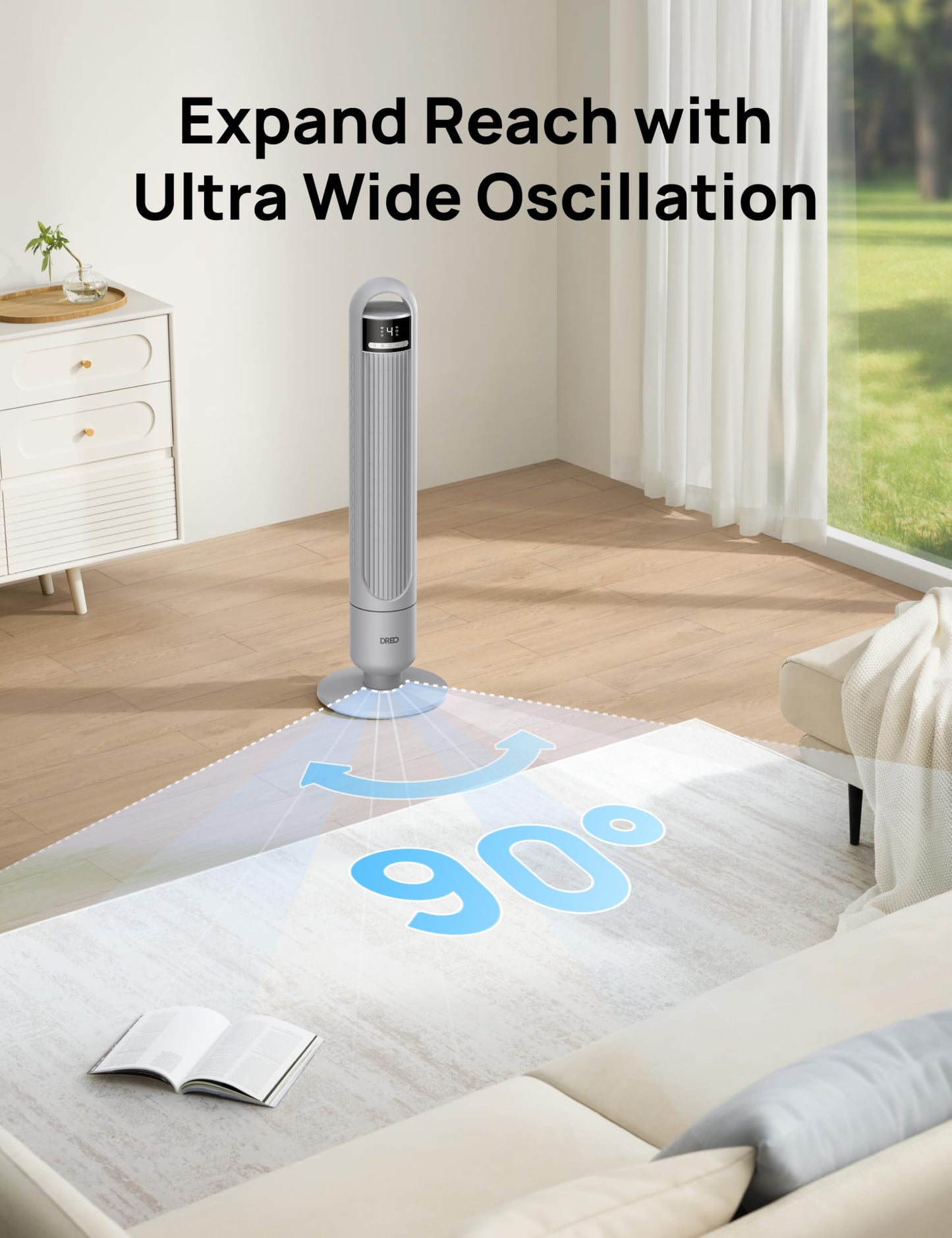 Dreo Tower Fan For Bedroom, 4 Speeds, 3 Modes Standing Fans For Room With 90 Wide Oscillating, 28Db Quiet For Sleep, 25Ft/S Velo