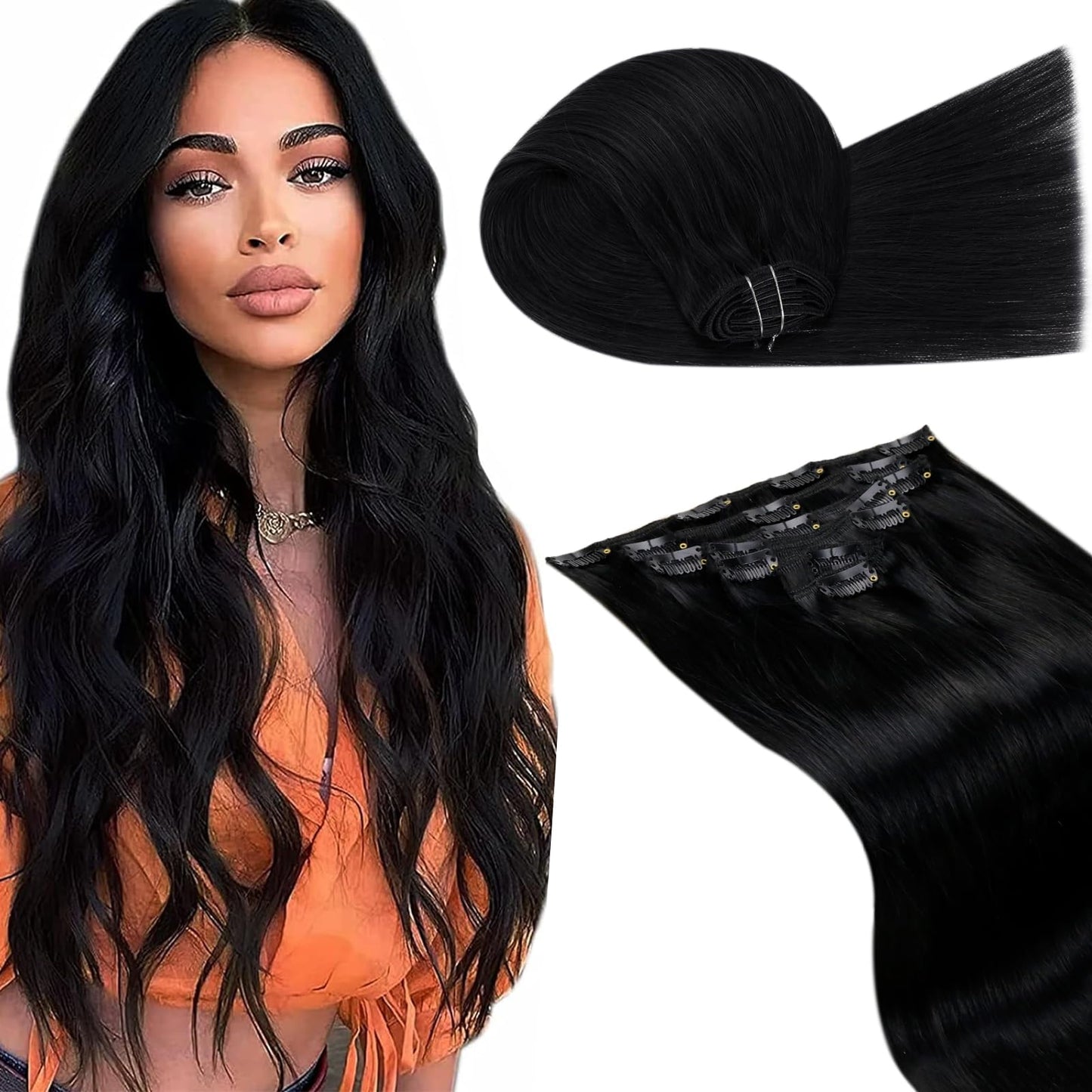 LaaVoo Clip in Hair Extensions Black Women Human Hair Clip in Extensions Jet Black 26Inch Natural 7Pcs 160g