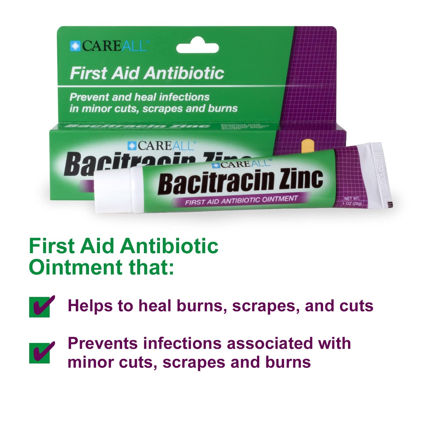 CareAll Bacitracin Antibiotic Zinc Ointment 1oz (4 Pack). First Aid Ointment to Prevent and Heal Infections for Minor cuts, Scrapes and Burns.