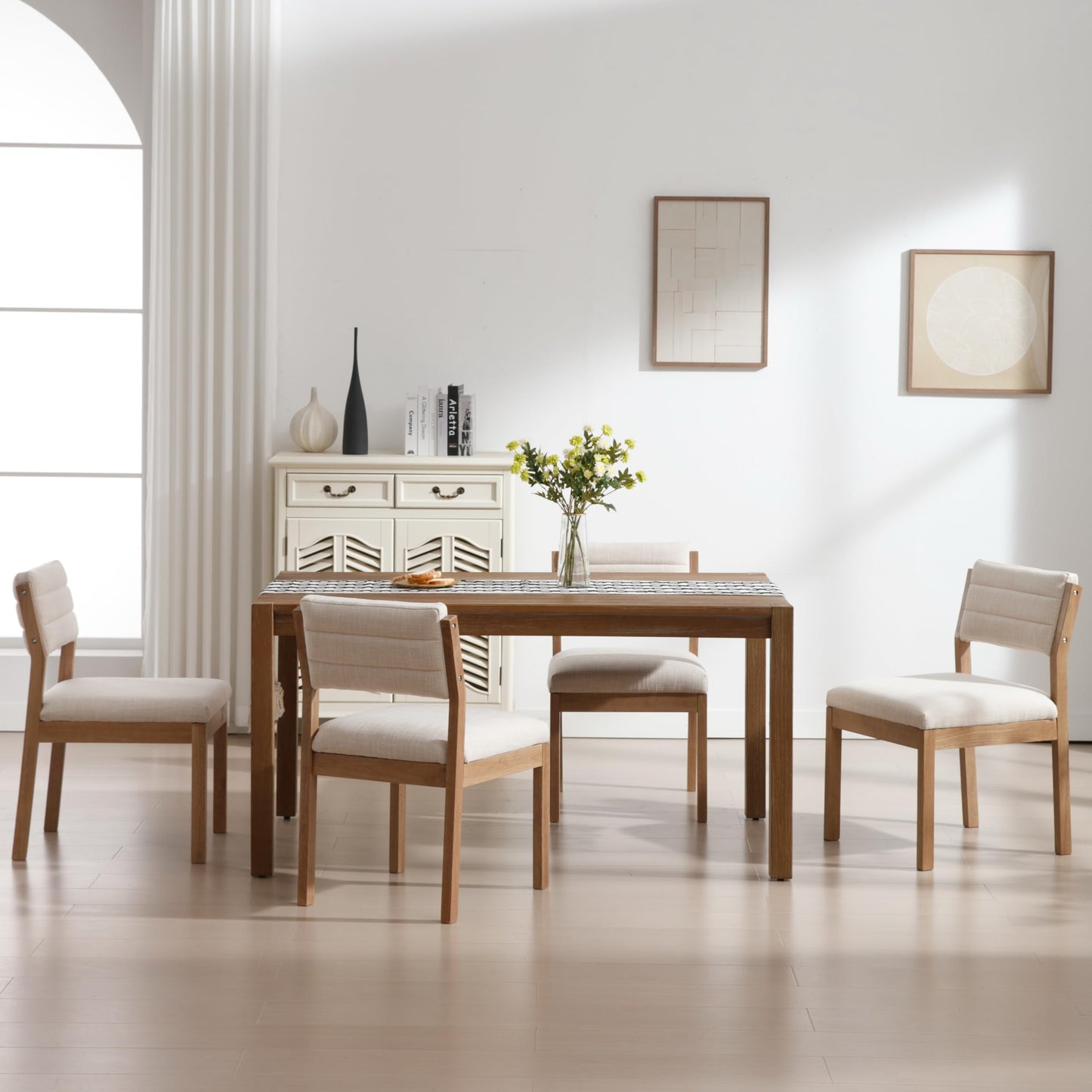 RIVOVA Linen Dining Chairs Set of 4, Comfortable Upholstered Seats with Wood Legs, Mid Century Modern Chairs for Kitchen, Living, Bedroom, Restaurant, Beige