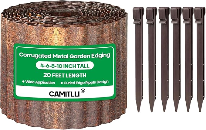 Camitlli Corrugated Metal Garden Edging,Sturdy Tall Landscape Edging Borders with 6pcs Anchor Stakes, Perfect DIY for Flower Beds, Lawn and Pathway,Tree Surrounds,Paver Edges (Pre-Rusted 10"×20FT)