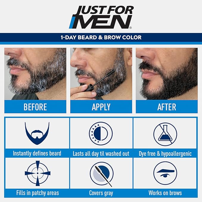Just for Men 1-Day Beard & Brow Color, Temporary Color for Beard and Eyebrows, For a Fuller, Well-Defined Look, Up to 30 Applications, Medium Brown, Ships in Eco-Friendly Packaging (Pack of 3)
