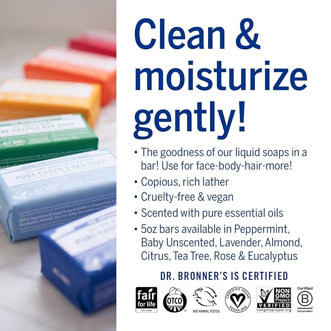 Dr. Bronner's Pure-Castile Magic Bar Soap (5 oz Variety Pack) Almond, Unscented, Lavender, Peppermint, Citrus, Rose, Tea Tree, & Eucalyptus - Made with Regenerative Organic Certified Oils, Vegan