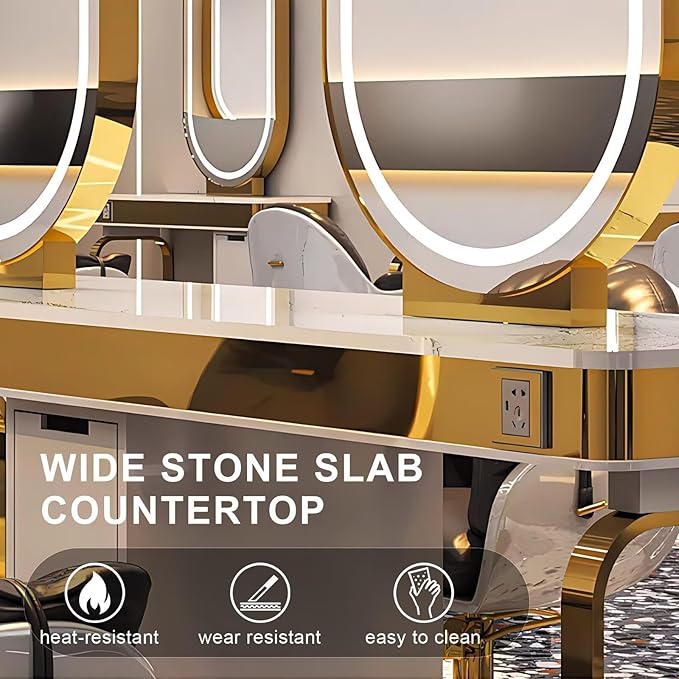 Golden Salon Station for Hair Stylist (Oval LED Mirror)(Storage Cabinets), Barber Station with Light Luxury Style
