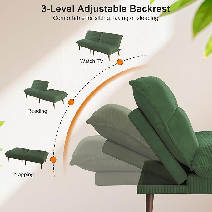 DreamDashio Futon Sofa Bed, 4 in 1 Multi-Functional Futon Couch with Adjustable Backrest, 75 inch Convertible Sleeper Sofa Bed and Recliner Lounge, Corduroy Loveseat for Living Room, Apartment, Green