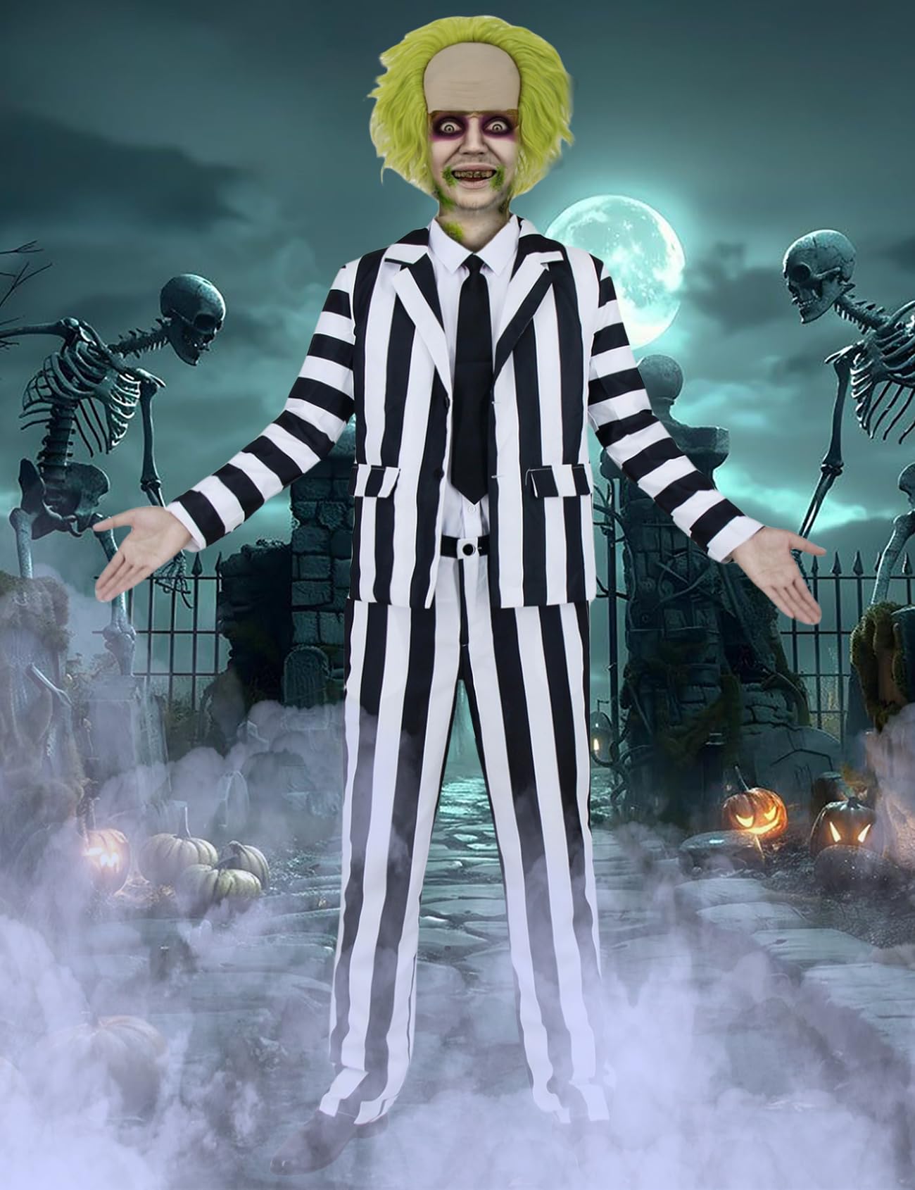 DIYLN Adult Black and White Striped Suit Men 80s Horror Comedy Character Cosplay Outfit Scary Halloween Costumes with Shirt Tie Wig Makeup Kit DY040XXL