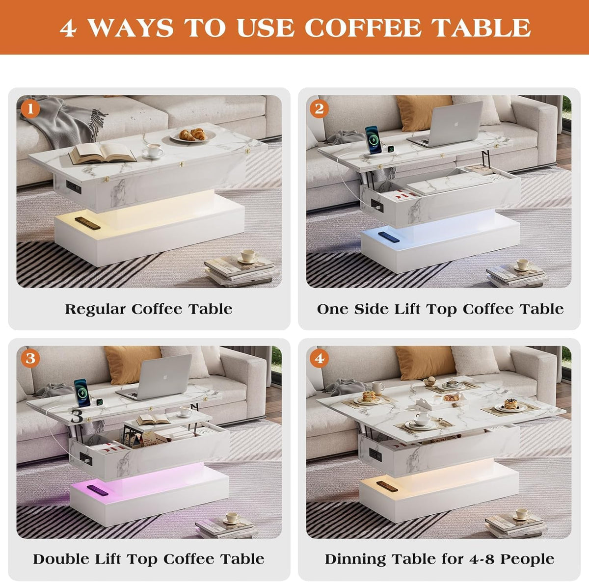 SYESWAY 39.4" Lift Top Coffee Table with Charging Station, High-Glossy Marbling Print Center Table with Hidden Compartment Storage, LED Coffee Table for Living Room, White