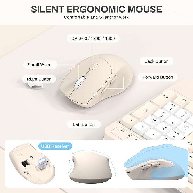 Ergonomic Wireless Keyboard and Mouse Combo, Wave Keys Keyboard with Wrist Rest for Natural Typing, 3 DPI Adjustable Ergonomic Silent Mouse for Computer/Laptop/Windows/Mac (Latte Color-B)