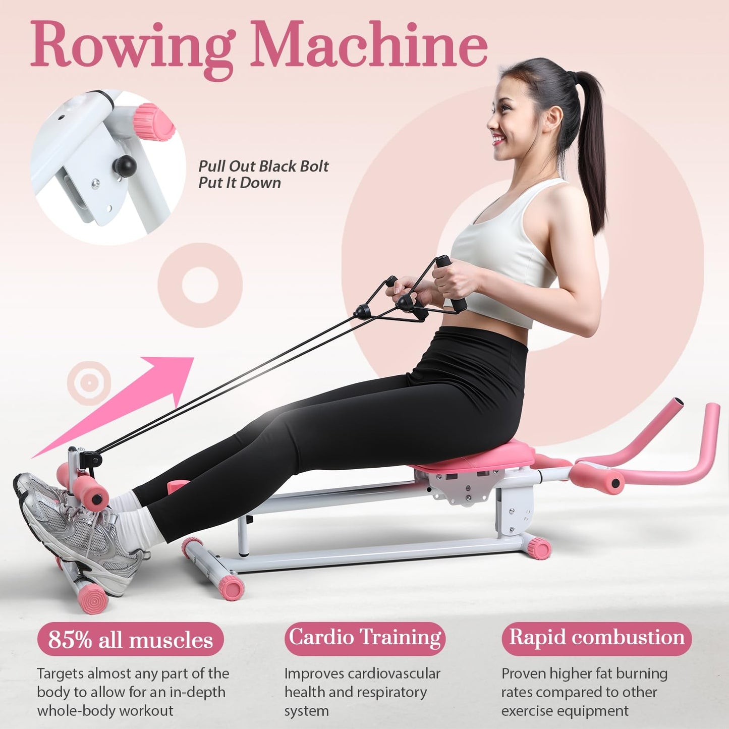 loyliawa Rowing Machines Multi-Functional Rowing Machine, Home Gym Rowin g Machines, Folding AB Workout Machine, Abdominal Rowin g Fitness Equipment for Home Use, Max 120kg Pink-White